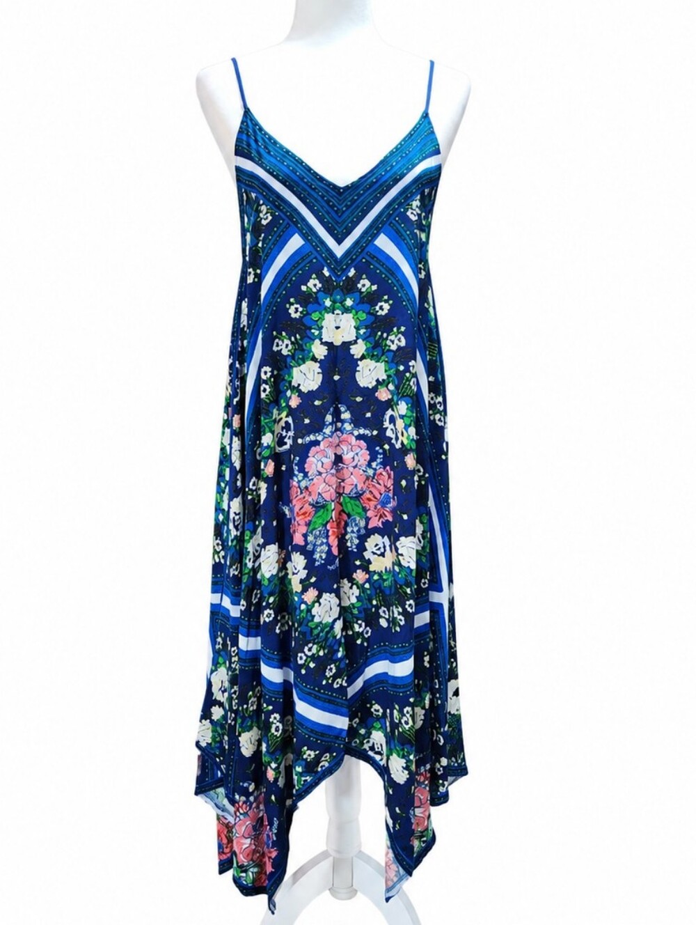Flying Tomato Floral Handkerchief Maxi Dress Blue Boho Rayon XS